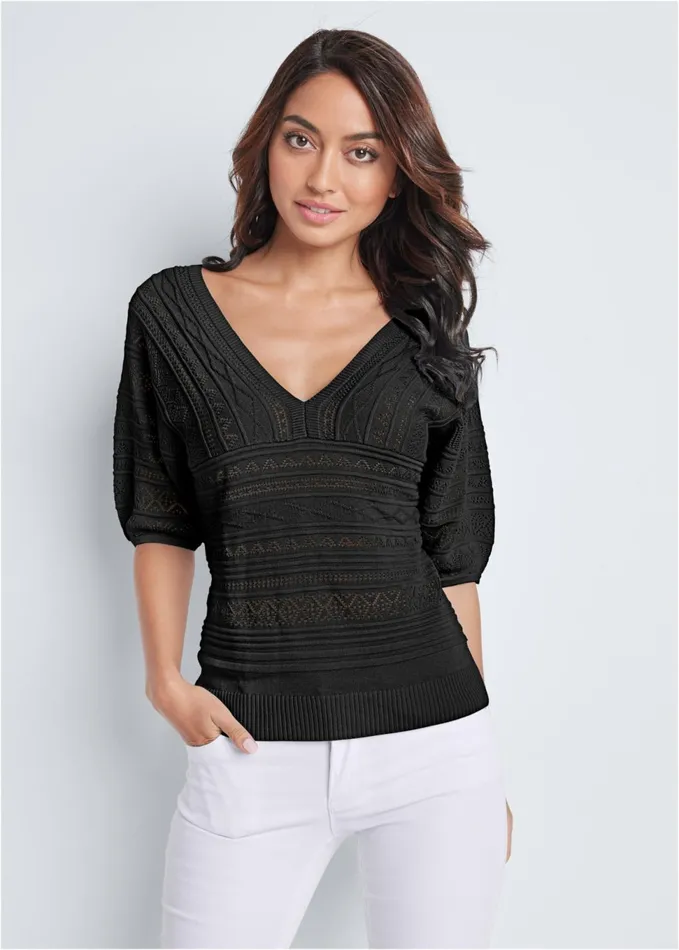 34 SLEEVE POINTELLE STITCH SWEATER Black Women VENUS Pullover