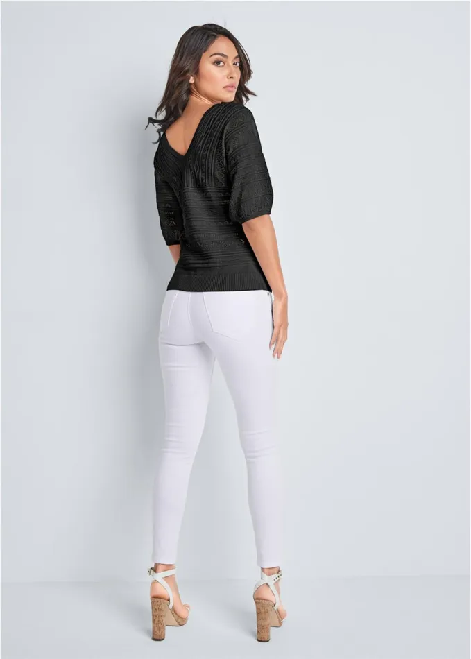 34 SLEEVE POINTELLE STITCH SWEATER Black Women VENUS Pullover
