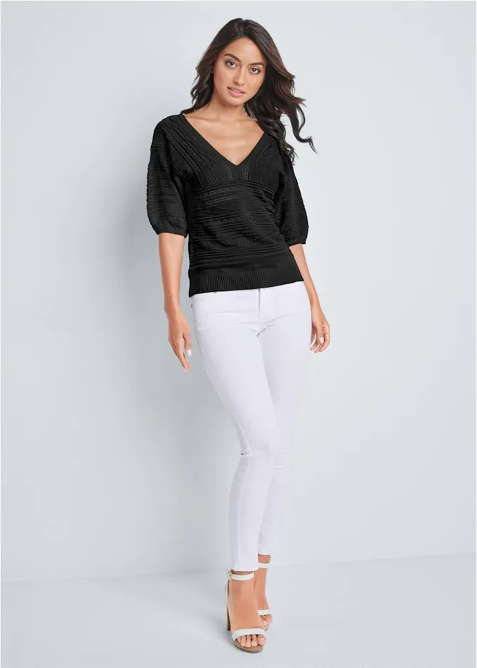 34 SLEEVE POINTELLE STITCH SWEATER Black Women VENUS Pullover
