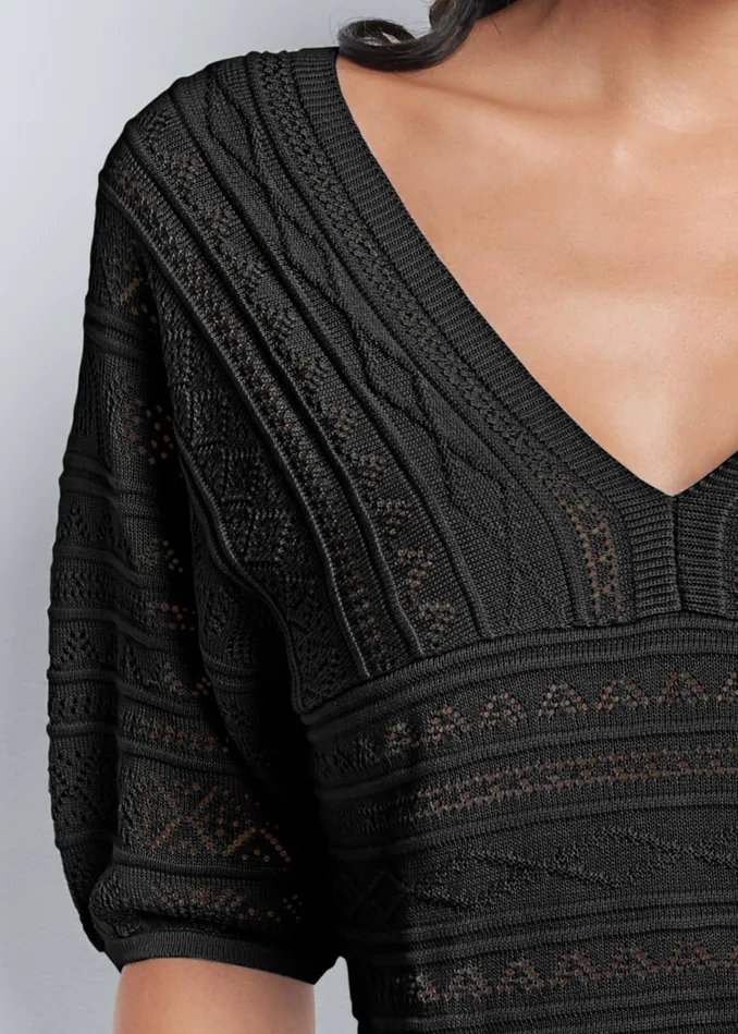 34 SLEEVE POINTELLE STITCH SWEATER Black Women VENUS Pullover
