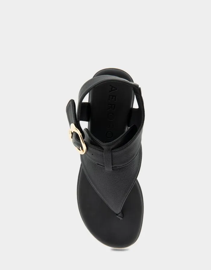 Aerosoles Comfortable Women039s Buckle Detail Back Strap Thong Sandal In Black Grainy Faux Leather Black Grainy Faux Leather Women Flats