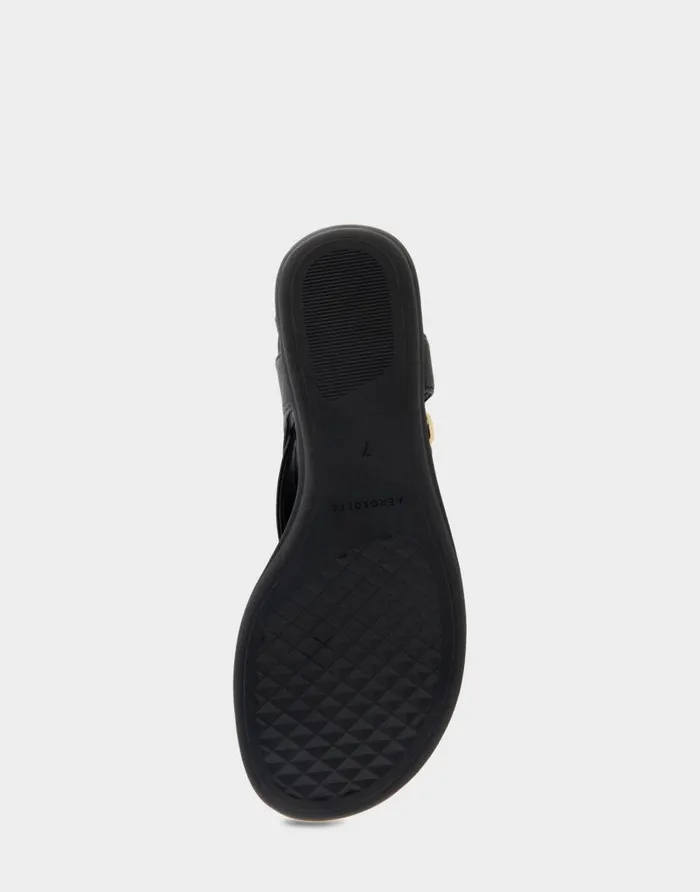 Aerosoles Comfortable Women039s Buckle Detail Back Strap Thong Sandal In Black Grainy Faux Leather Black Grainy Faux Leather Women Flats