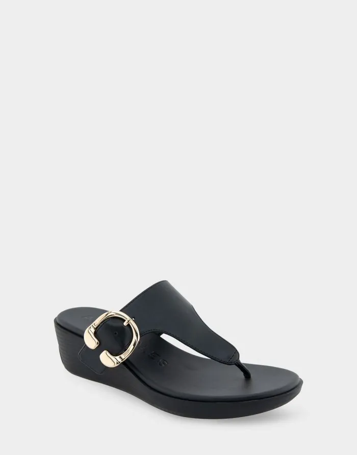 Aerosoles Comfortable Women039s Buckle Detail Wedge Thong Sandal In Black Faux Leather Black Faux Leather Women Clogs and Mules