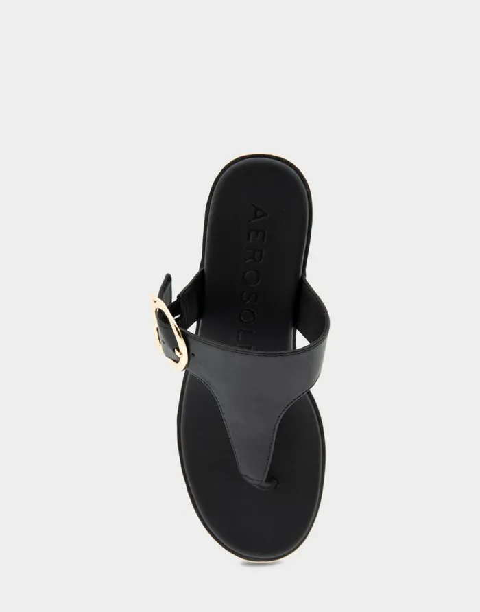 Aerosoles Comfortable Women039s Buckle Detail Wedge Thong Sandal In Black Faux Leather Black Faux Leather Women Clogs and Mules