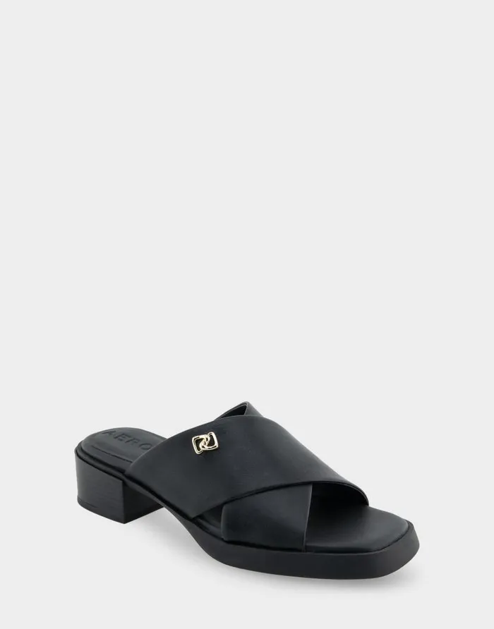 Aerosoles Comfortable Women039s Crisscross Slip On Low Block Heel Sandal In Black Faux Leather Black Faux Leather Women Clogs and Mules