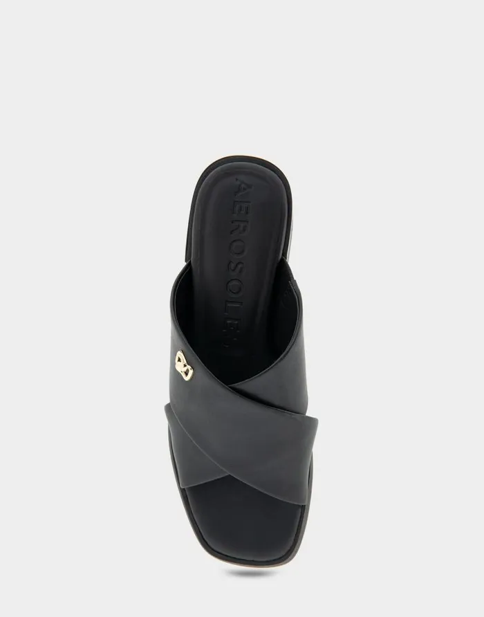 Aerosoles Comfortable Women039s Crisscross Slip On Low Block Heel Sandal In Black Faux Leather Black Faux Leather Women Wide Width Sandals