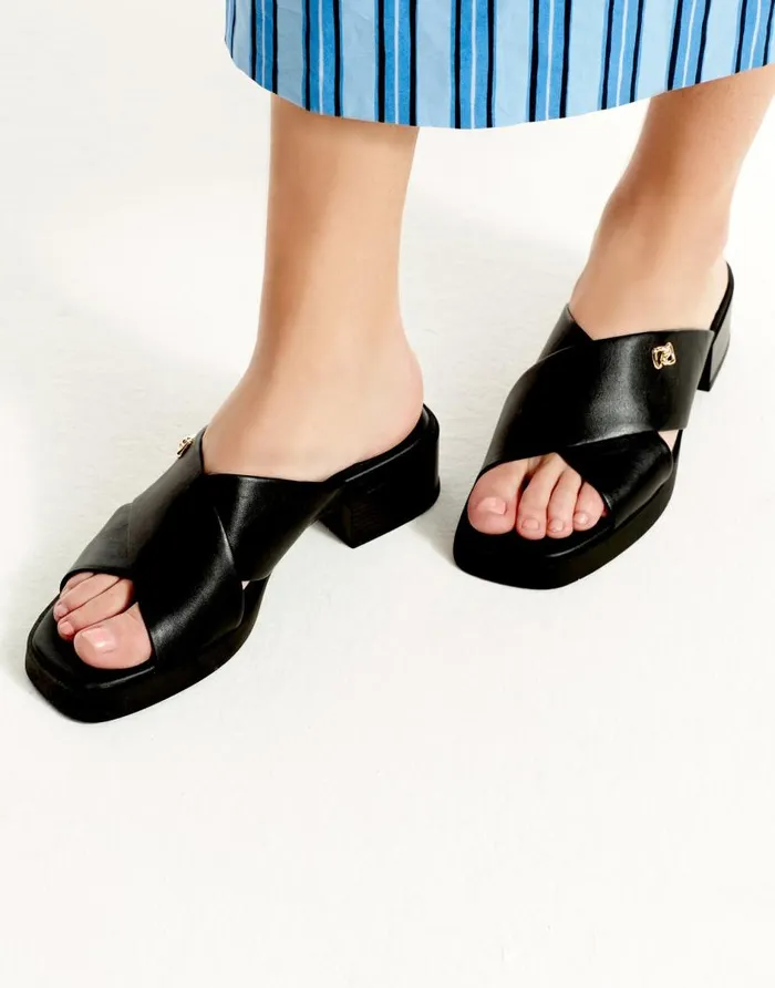 Aerosoles Comfortable Women039s Crisscross Slip On Low Block Heel Sandal In Black Faux Leather Black Faux Leather Women Wide Width Sandals