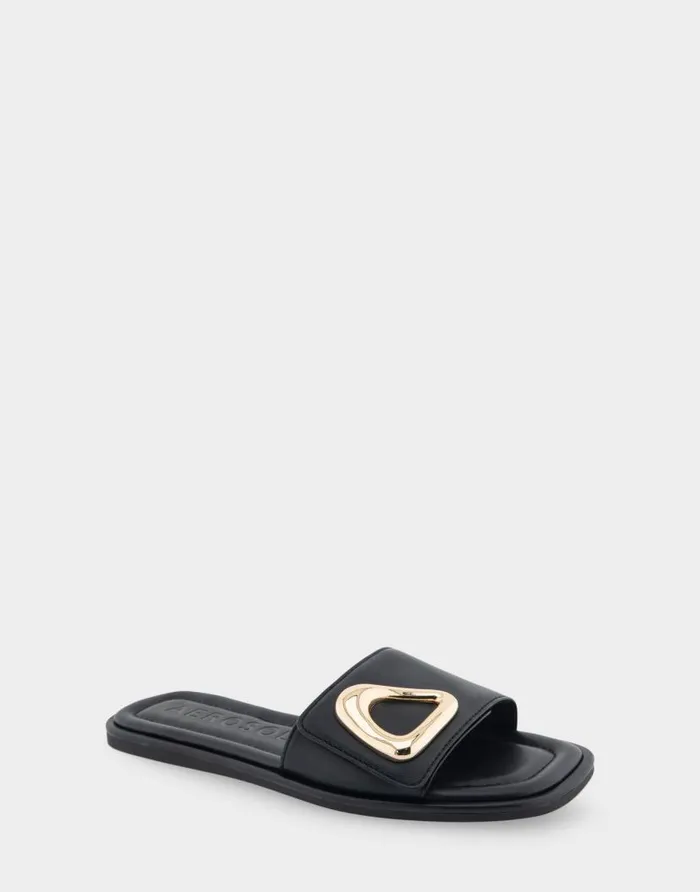 Aerosoles Comfortable Women039s Ornamented Single Band Slide Sandal In Black Leather Black Leather Women Clogs and Mules