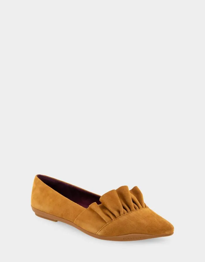 Aerosoles Comfortable Women039s Ruffled Point Toe Flat In Dark Ochre Genuine Suede Dark Ochre Genuine Suede Women Ballet