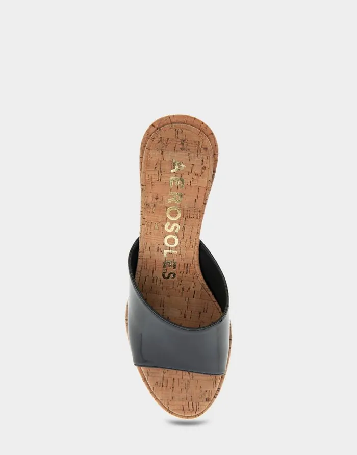 Aerosoles Comfortable Women039s Wedge Slide Sandal In Black Patent Faux Leather Black Patent Faux Leather Women Wedges