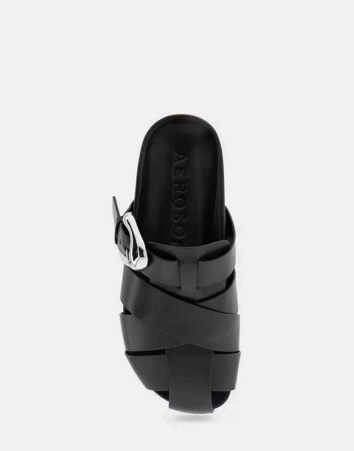 Aerosoles Comfortable Women039s Woven Fisherman Footbed Slip On In Black Leather Black Leather Women Clogs and Mules
