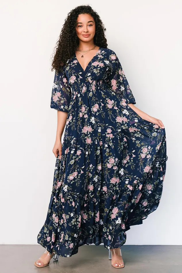 Baltic Born Bump Friendly Women Sawyer Tiered Maxi Dress Navy Pink