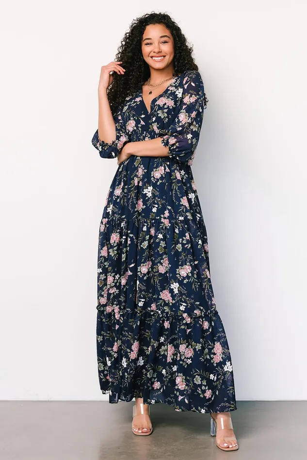Baltic Born Bump Friendly Women Sawyer Tiered Maxi Dress Navy Pink Baltic Born Bump Friendly Women Sawyer Tiered Maxi Dress Navy Pink
