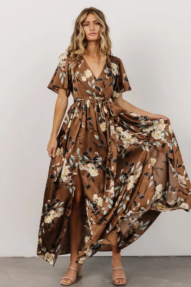 Baltic Born Bump Friendly Women Sicily Satin Maxi Dress Mocha Floral