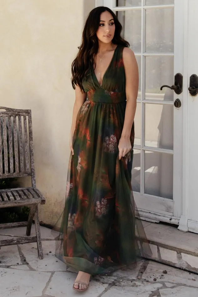 Baltic Born Maxi Dresses Women Kamila Tulle Maxi Dress Olive Multi Floral