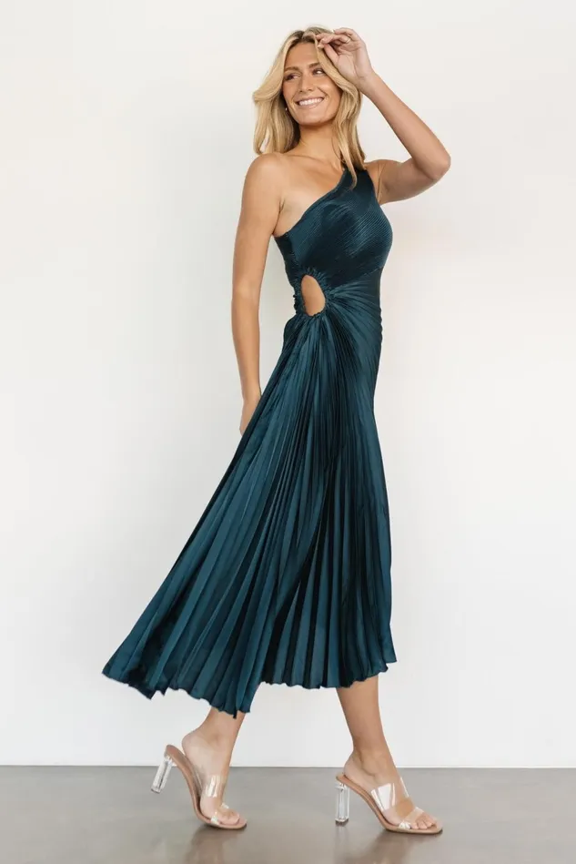 Baltic Born Midi Dresses Women Tasia One Shoulder Pleated Dress Deep Jade
