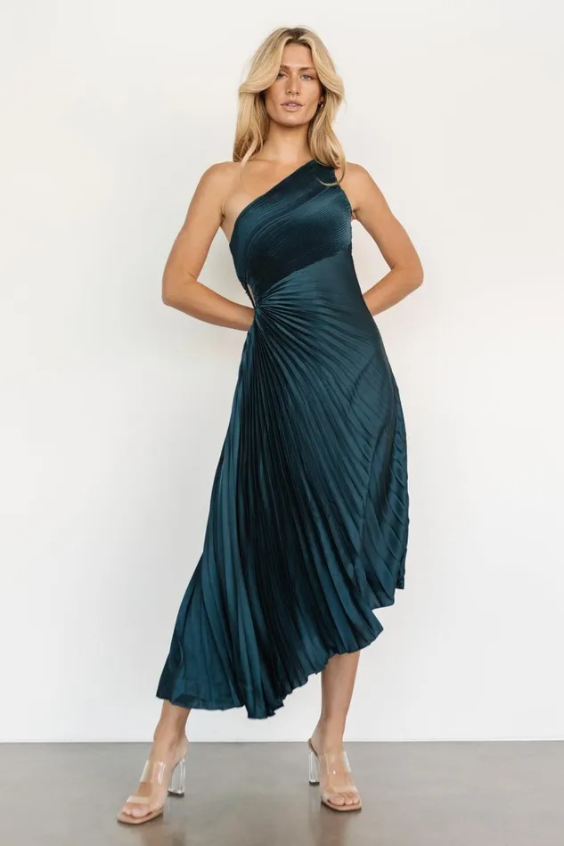 Baltic Born Midi Dresses Women Tasia One Shoulder Pleated Dress Deep Jade