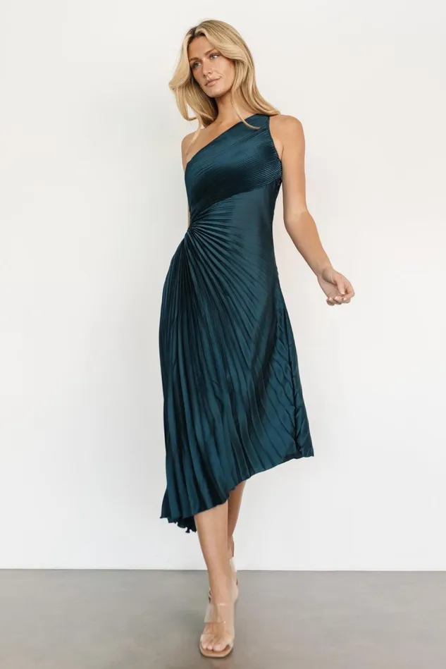Baltic Born Midi Dresses Women Tasia One Shoulder Pleated Dress Deep Jade