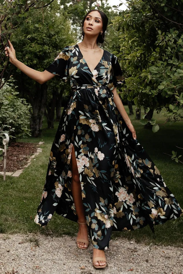 Baltic Born Mother Of The Bride Women Sicily Satin Maxi Dress Black Floral