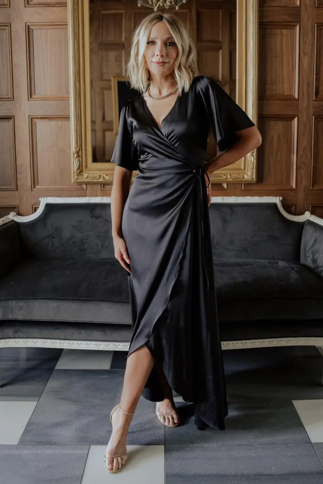 Baltic Born Mother Of The Bride Women Vara Satin Maxi Wrap Dress Black