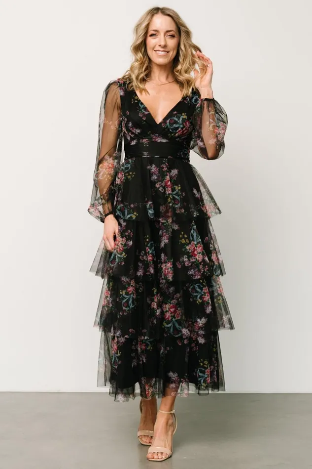Baltic Born Tulle Styles Women Carolina Tulle Tiered Maxi Dress Black Floral