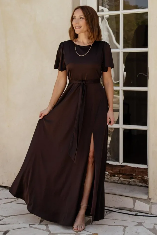 Baltic Born Wedding Guest Women Agnes Satin Maxi Dress Espresso