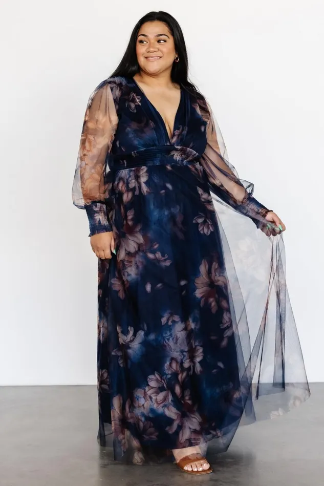 Baltic Born Wedding Guest Women Layla Tulle Maxi Dress Dark Blue Floral