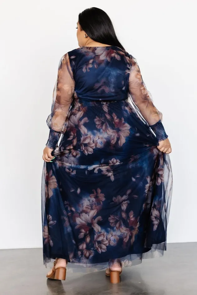 Baltic Born Wedding Guest Women Layla Tulle Maxi Dress Dark Blue Floral