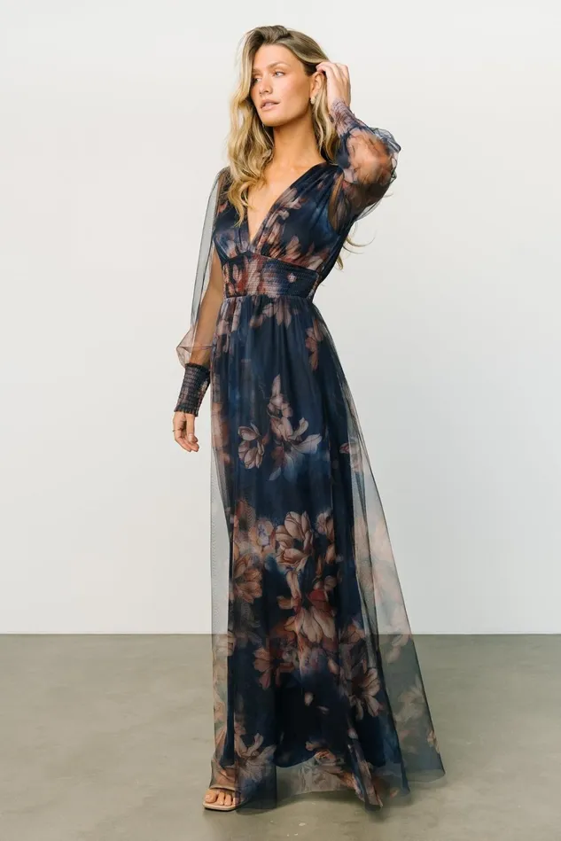 Baltic Born Wedding Guest Women Layla Tulle Maxi Dress Dark Blue Floral