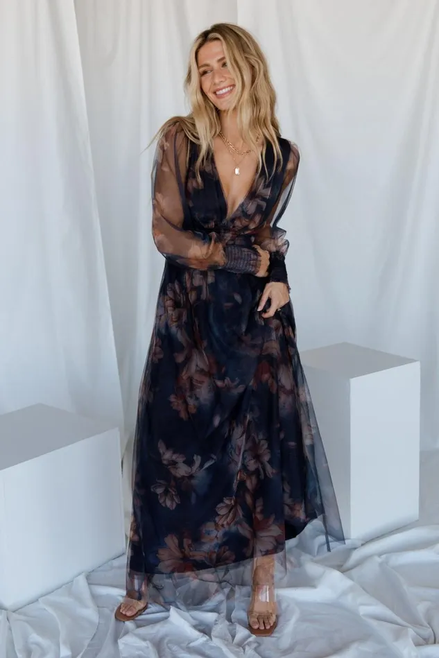 Baltic Born Wedding Guest Women Layla Tulle Maxi Dress Dark Blue Floral