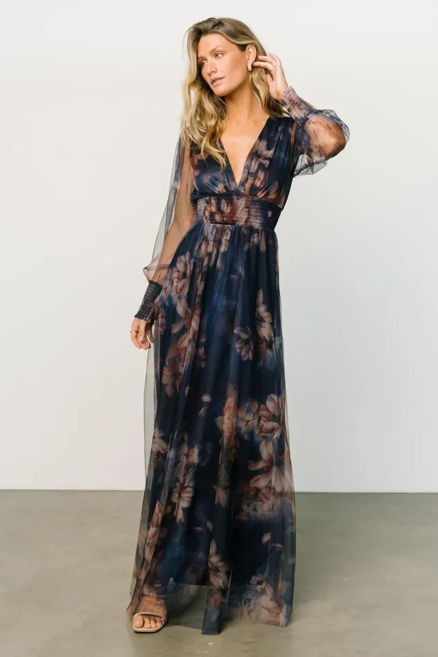 Baltic Born Wedding Guest Women Layla Tulle Maxi Dress Dark Blue Floral