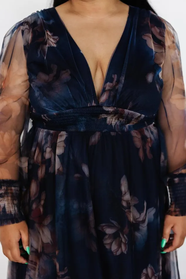 Baltic Born Wedding Guest Women Layla Tulle Maxi Dress Dark Blue Floral