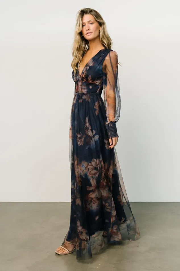 Baltic Born Wedding Guest Women Layla Tulle Maxi Dress Dark Blue Floral