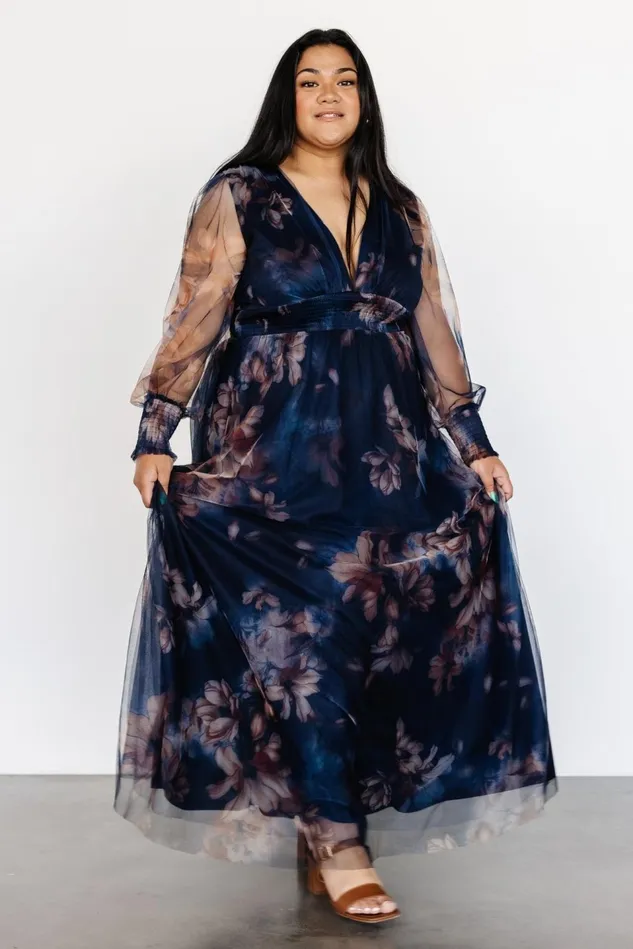 Baltic Born Wedding Guest Women Layla Tulle Maxi Dress Dark Blue Floral