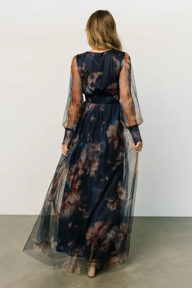 Baltic Born Wedding Guest Women Layla Tulle Maxi Dress Dark Blue Floral