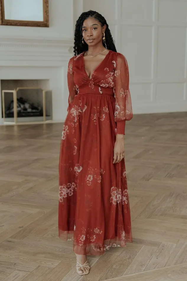 Baltic Born Wedding Guest Women Layla Tulle Maxi Dress Rust Floral