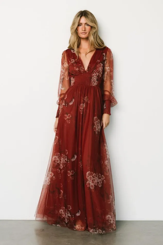 Baltic Born Wedding Guest Women Layla Tulle Maxi Dress Rust Floral