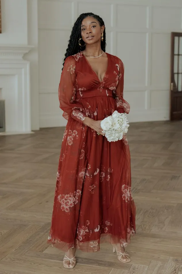 Baltic Born Wedding Guest Women Layla Tulle Maxi Dress Rust Floral