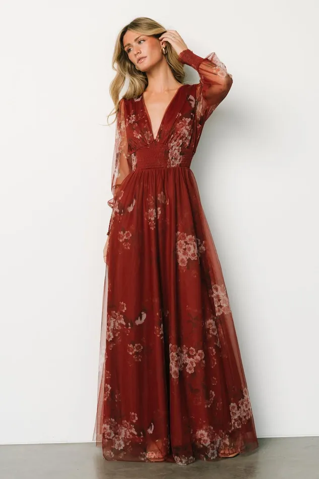 Baltic Born Wedding Guest Women Layla Tulle Maxi Dress Rust Floral