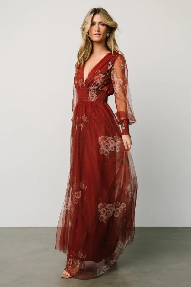 Baltic Born Wedding Guest Women Layla Tulle Maxi Dress Rust Floral