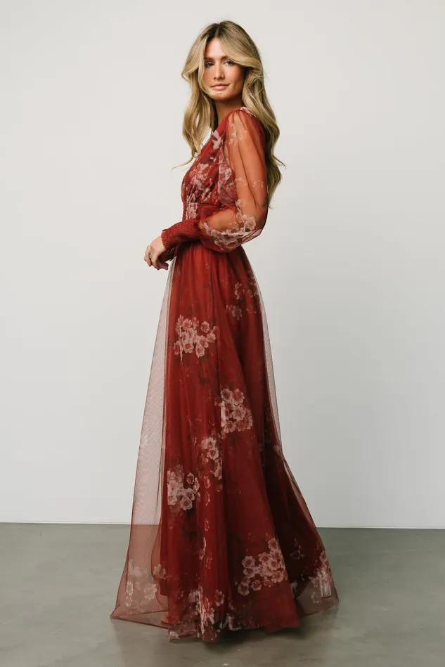 Baltic Born Wedding Guest Women Layla Tulle Maxi Dress Rust Floral