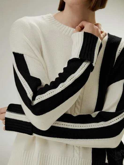 Bicolor Stripe Knit Wool Sweater Women Lilysilk Knitwear