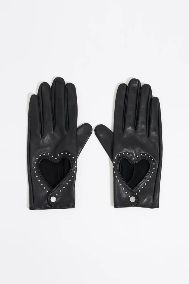 Black Leather Heart Gloves Black Women Bimba Y Lola Gloves
