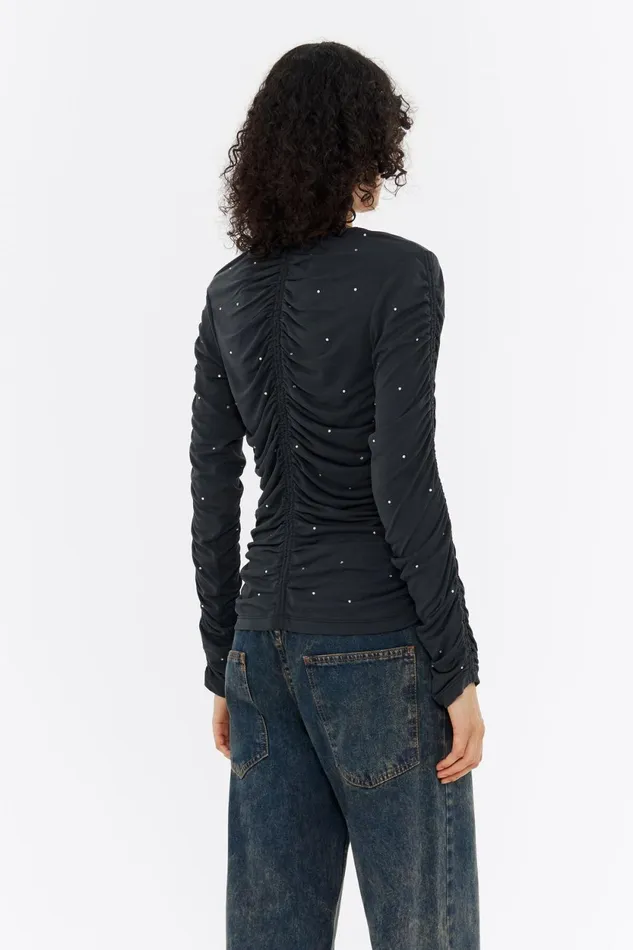 Black Ruched Rhinestone Tshirt Washed Black Women Bimba Y Lola TShirts Black Ruched Rhinestone Tshirt Washed Black Women Bimba Y Lola TShirts