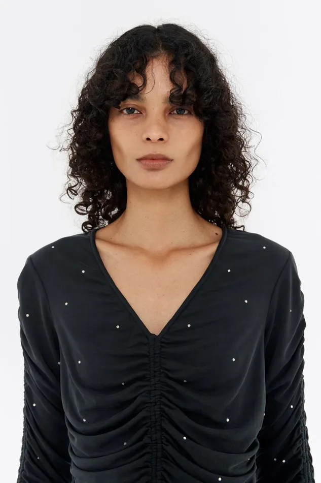Black Ruched Rhinestone Tshirt Washed Black Women Bimba Y Lola TShirts Black Ruched Rhinestone Tshirt Washed Black Women Bimba Y Lola TShirts