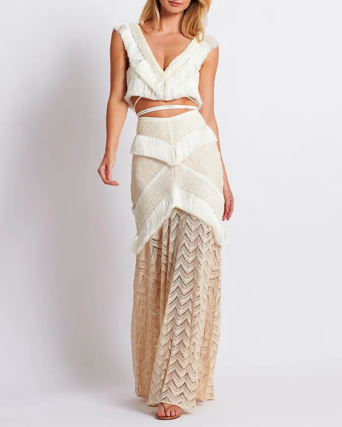 Bottoms Women PatBO Fringe Trim Maxi Skirt