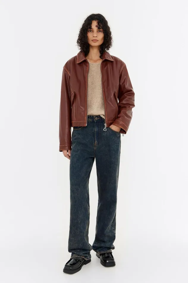 Brown Short Leather Jacket Brown Women Bimba Y Lola Jackets And Blazers