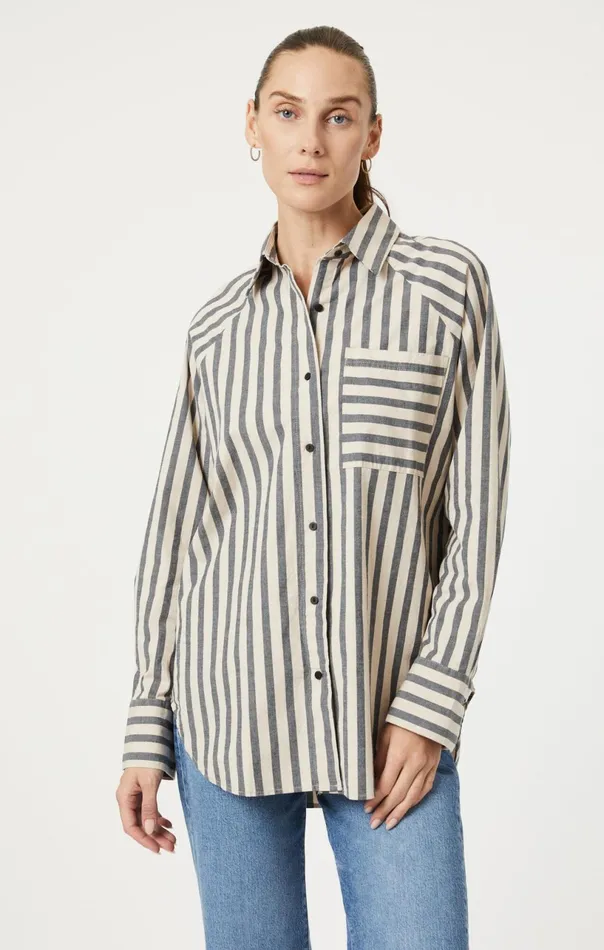 ButtonUp Long Sleeve Shirt In Beige Bold Stripe Women Mavi Jeans Shirts