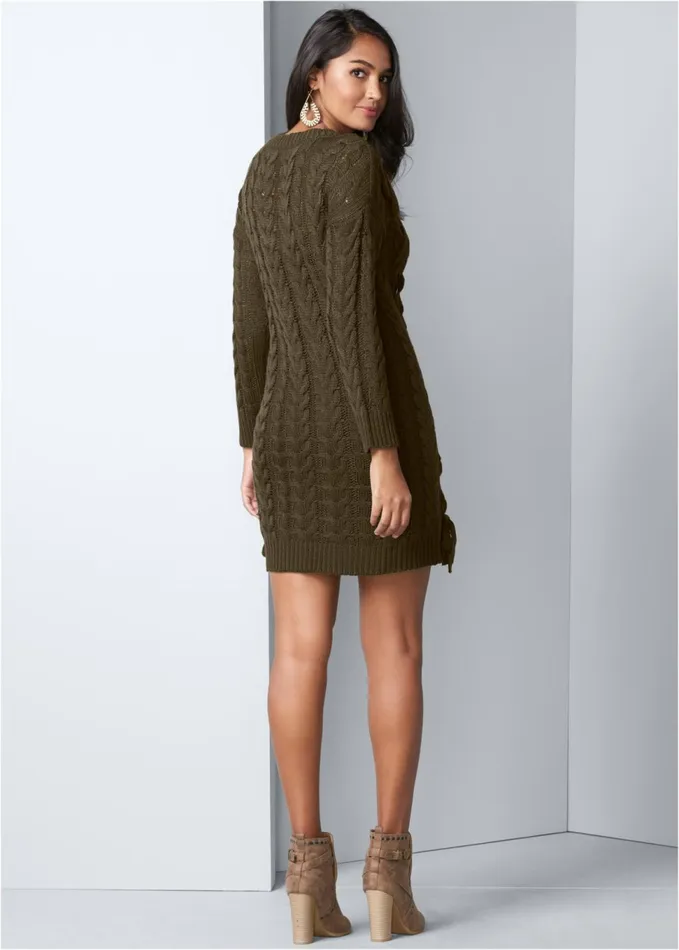 CABLE KNIT SWEATER DRESS Olive Women VENUS Short Dresses