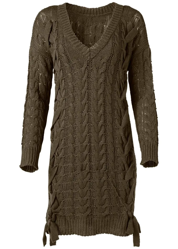 CABLE KNIT SWEATER DRESS Olive Women VENUS Short Dresses